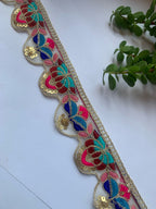 Premium Multicolored Floral Embroidery Lace Trim with Gold Sequin Accents